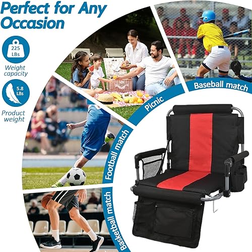 Miniatura 3 de Asientos portátiles para estadio con respaldo y reposabrazos, sillas plegables con respaldo y cojín grueso, silla deportiva acolchada ancha con