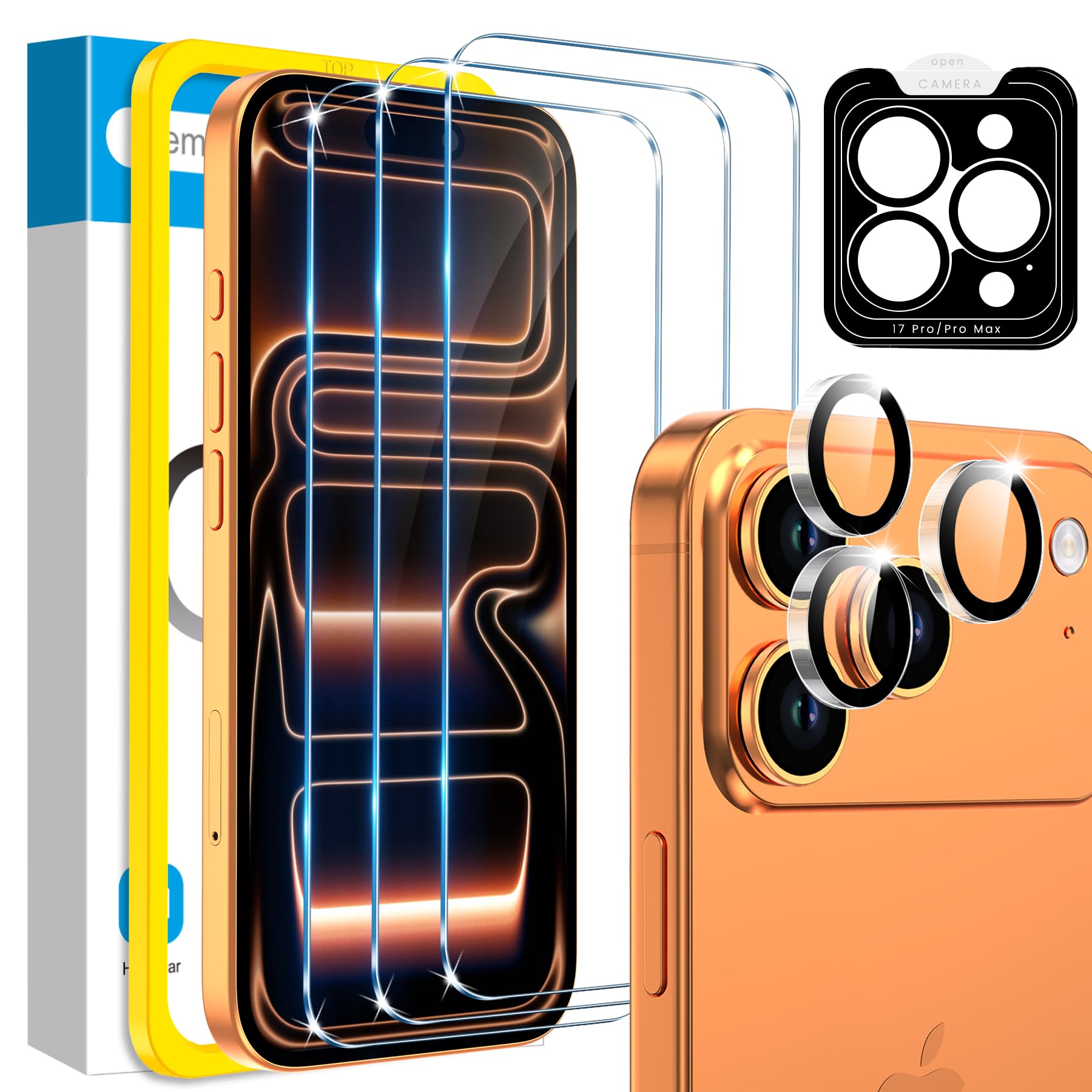 Fotbor Compatible with 3 Pack iPhone 17 Pro Screen Protector with 1 Set Camera Lens Protector, 2025 Upgrade 9H+ Premium Tempered Glass 17Pro, Easy Installation Kits, 6.3 inch