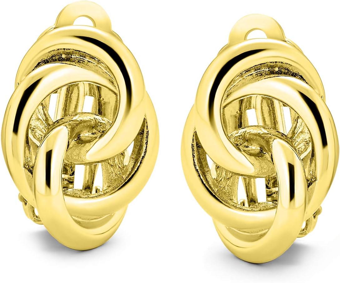 Set of Two Interlocking Rope Love Knot Clip On Earrings For Women Non Pierced Ears Polished 14K Gold Silver Plated Brass
