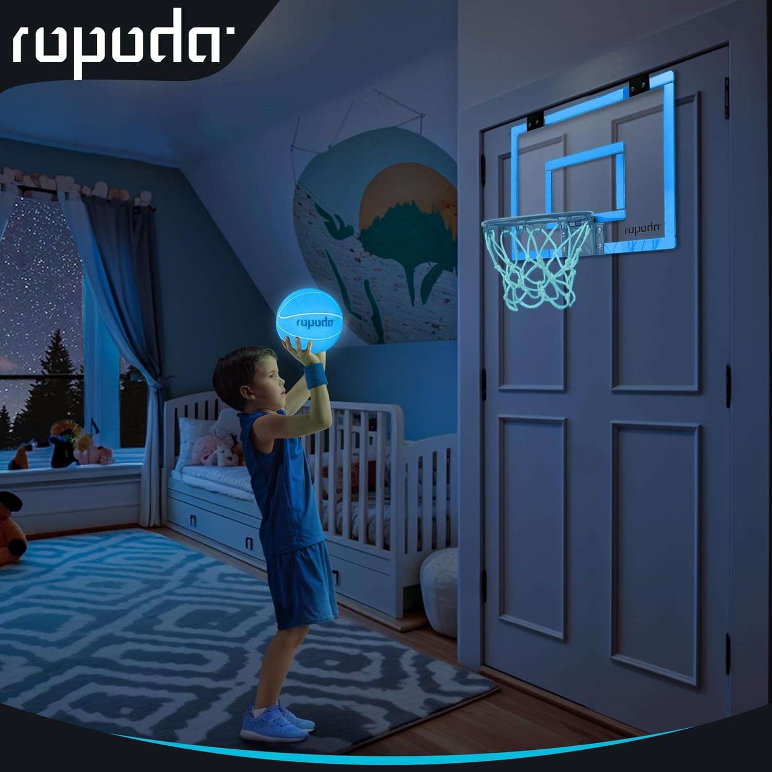 ropoda Mini Basketball Hoop - Glow in The Dark, Over The Door Basketball Hoop Indoor, Indoor Basketball Hoop Backboards for Teens and Adults, Mini Hoop for Kids with 4 Balls and Pump(Blue)