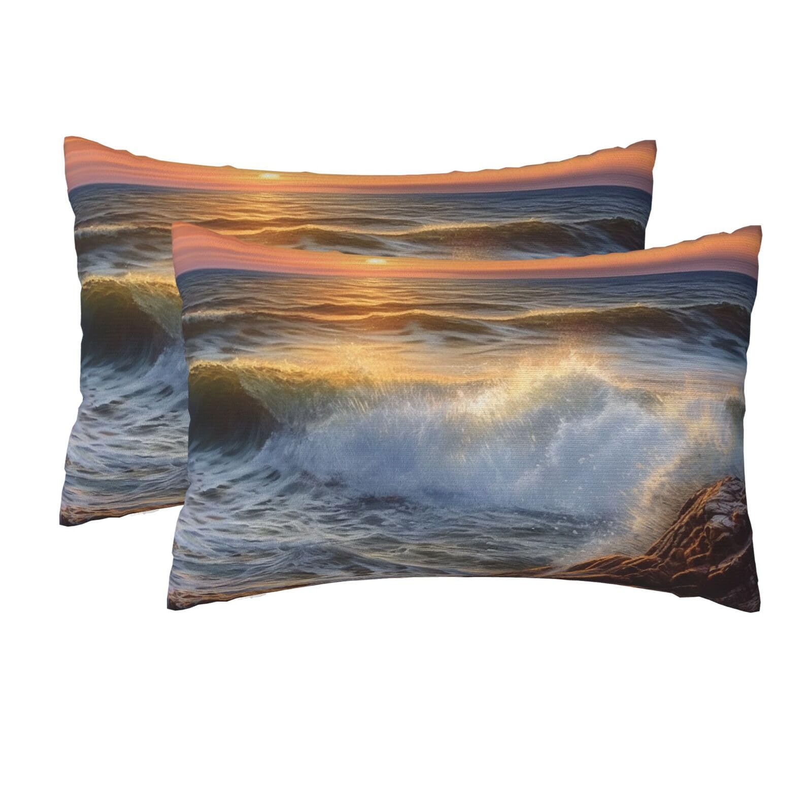 2 Pack Queen Size Pillow Cases for Hair and Skin Soft Breathable Pillow Case Covers with Hidden Zipper Rocky Wave Sunset Painting Pillowcase 20x30 Inches Pillow Cover for Sleeping Gift