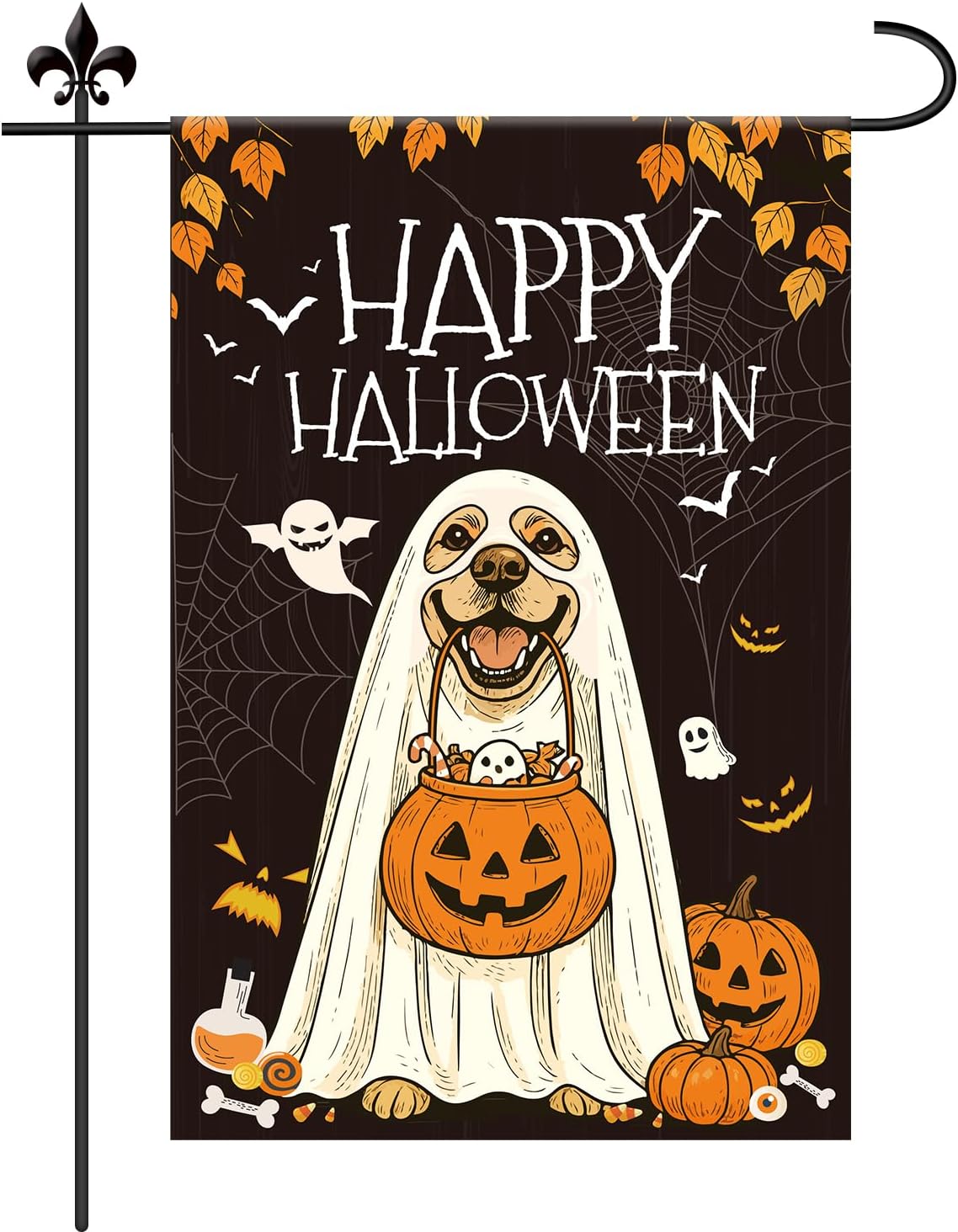 Golden Retriever Halloween Garden Flag, 18x12in Double Sided Machine-Washable Happy Halloween Ghost Dog Garden Flag for Patio Lawn Yard Outdoor Outside Seasonal Decor Decoration