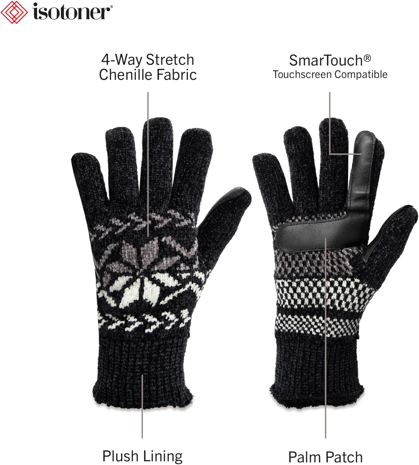 isotoner womens Warm Plush Lined Chenille Touchscreen Gloves - Solid and Snowflake Pattern