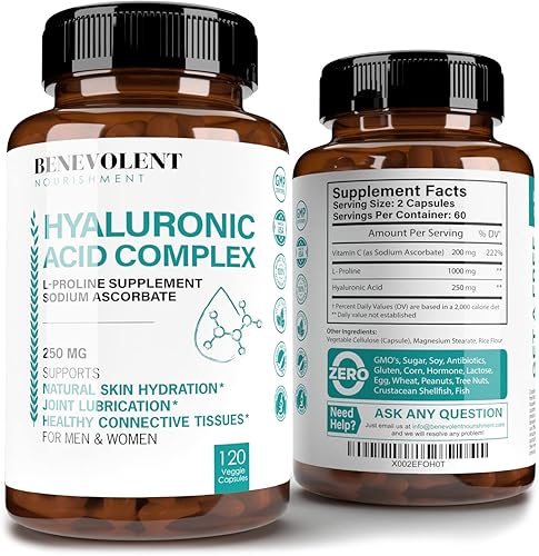 Suplementos de ácido hialurónico premium de 250 mg - con 200 mg de vitamina C y 1000 mg L de prolina, sin OMG 120 cápsulas, antienvejecimiento,