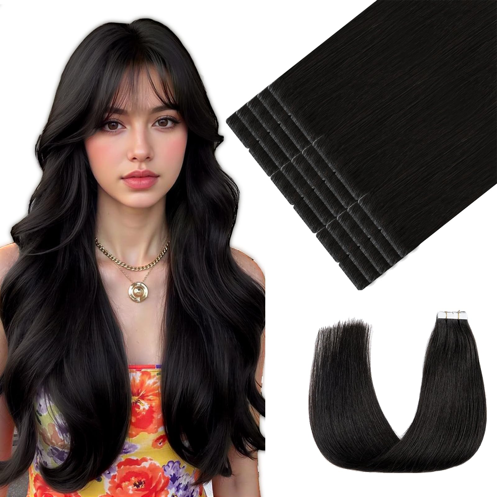 Youngsmile Invisible Tape Extensions Echthaar, 50cm 45g 20Stk, #1B Schwarz | Invisi Edge, Remy Echthaar, unsichtbarer Ansatz, natürlicher Look, seidig weich, langlebig, für den täglichen Gebrauch