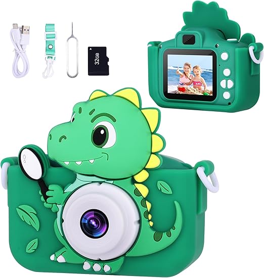 Dinosaur Toys Camera for Kids Boys Age 3-8, Toddler Kids Digital Camera Christmas Birthday Gifts for 3 4 5 6 7 8 Years Old Boy, Cute Selfie Video Camera, HD 1080P, 32GB SD Card Included