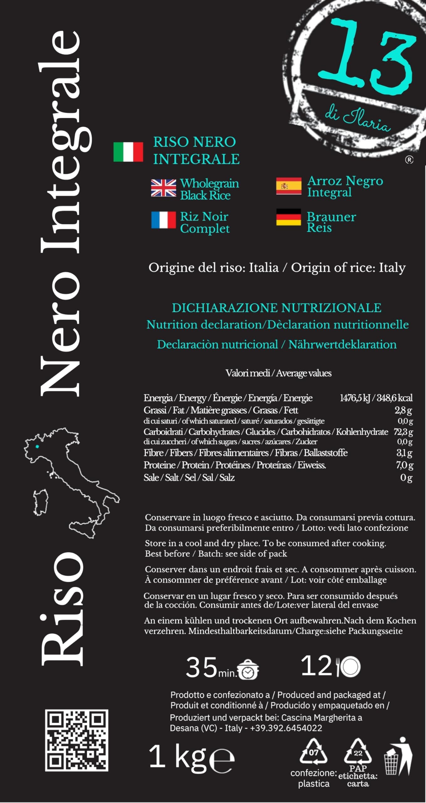 Arroz Negro Integral Italiano 6 kg (6x1 kg) – Tipo Venere – Rico en Fibra | 6 paquetes de 1 kg de arroz negro integral italiano tipo Venere, cultivado en Vercelli y naturalmente sin gluten