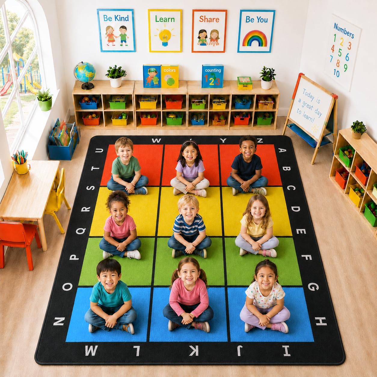 Classroom Carpets Playmat Rugs - 6x9 Ft Kids Rug with Rubber Backing, Colorful Squares with Letters Classroom Seating Rug Play Mat Nursery Rugs for Preschool Elementary Playroom -12 Seating