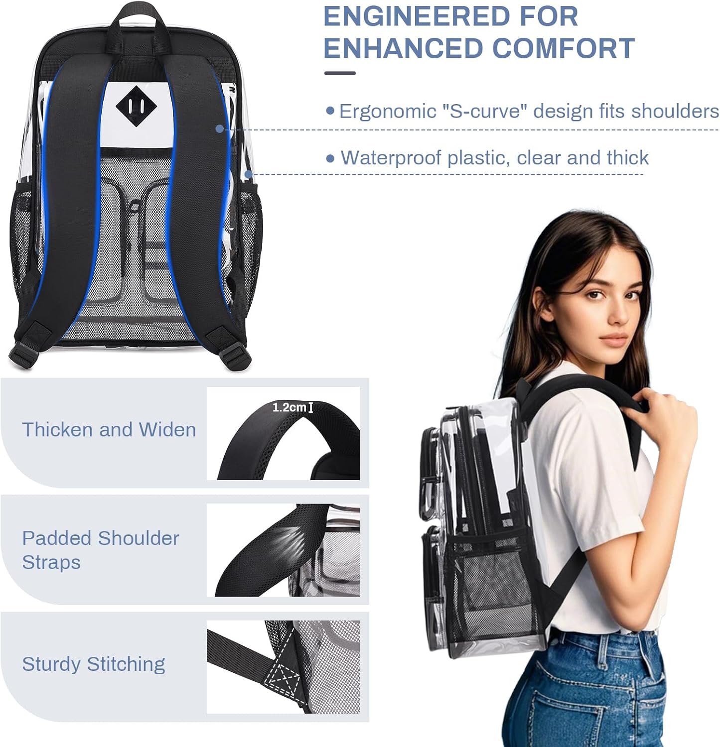 Clear Backpack Heavy Duty PVC Clear Bookbag for School Stadium Events Transparent Back Pack Girls Boys, Black - Image 5