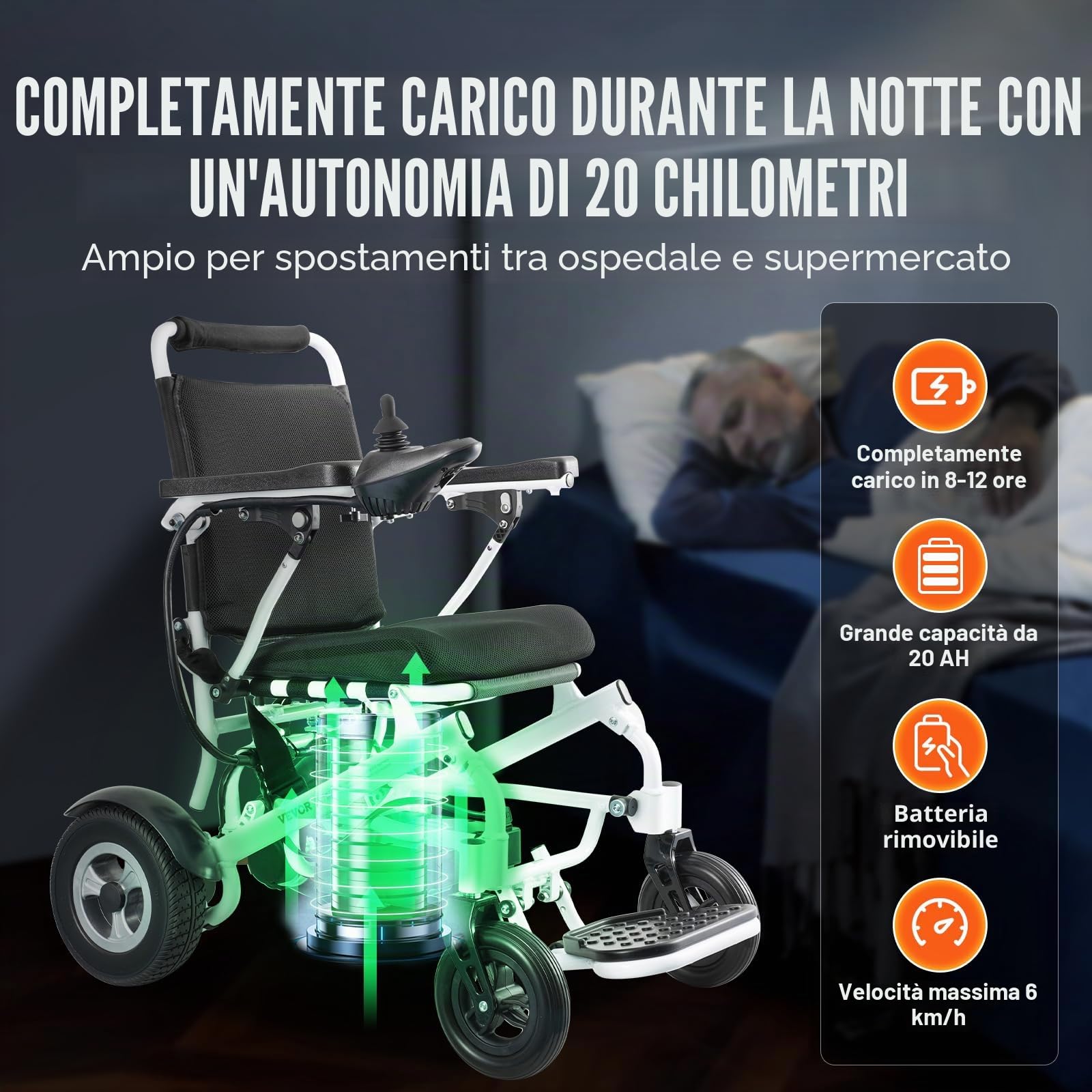 VEVOR Sedia a Rotelle Elettrica per Adulti Anziani, Capacità Carico 136,08 kg, Sedia a Rotelle Motorizzata Pieghevole Leggera Larghezza 449,58 mm, Sedia Elettrica per Tutti i Terreni Lega Alluminio