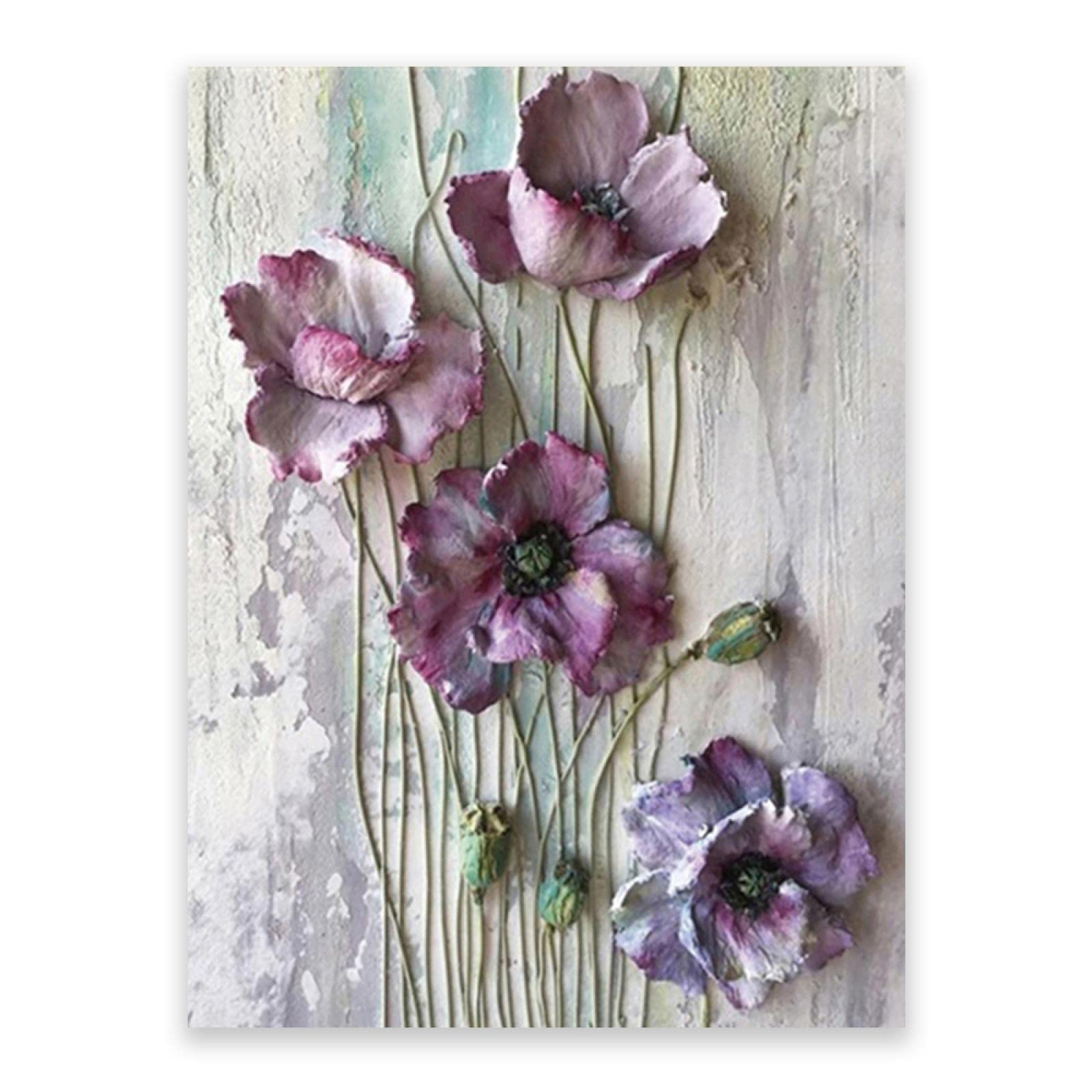 Oprawiony. Abstrakcyjny kwiatowy obraz na ścianę. Plakat z fioletowymi kwiatami. Ponadwymiarowa sztuka ścienna. Nowoczesne obrazy do dekoracji salonu. 60 x 90 cm (23,7 x 35,5 cala) oprawione