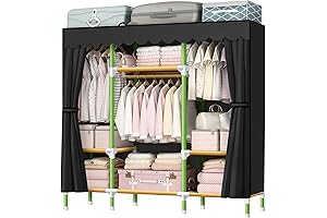 YouUD Wardrobe Storage Closet, Black Portable Closet Organizer with 3 Shelves and 3 Hanging Rods