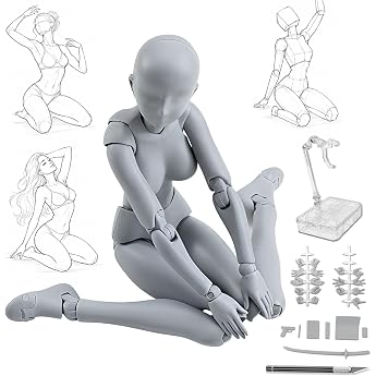Chalan Dessandor, 30 Joints, Full Body, With Stand, For Men & Women, Body Model, Mannequin, Drawing, Pose, Sketching, Muscles, Drawing, Illustration, Cartoon, Art, Practice Model, Women-Gray