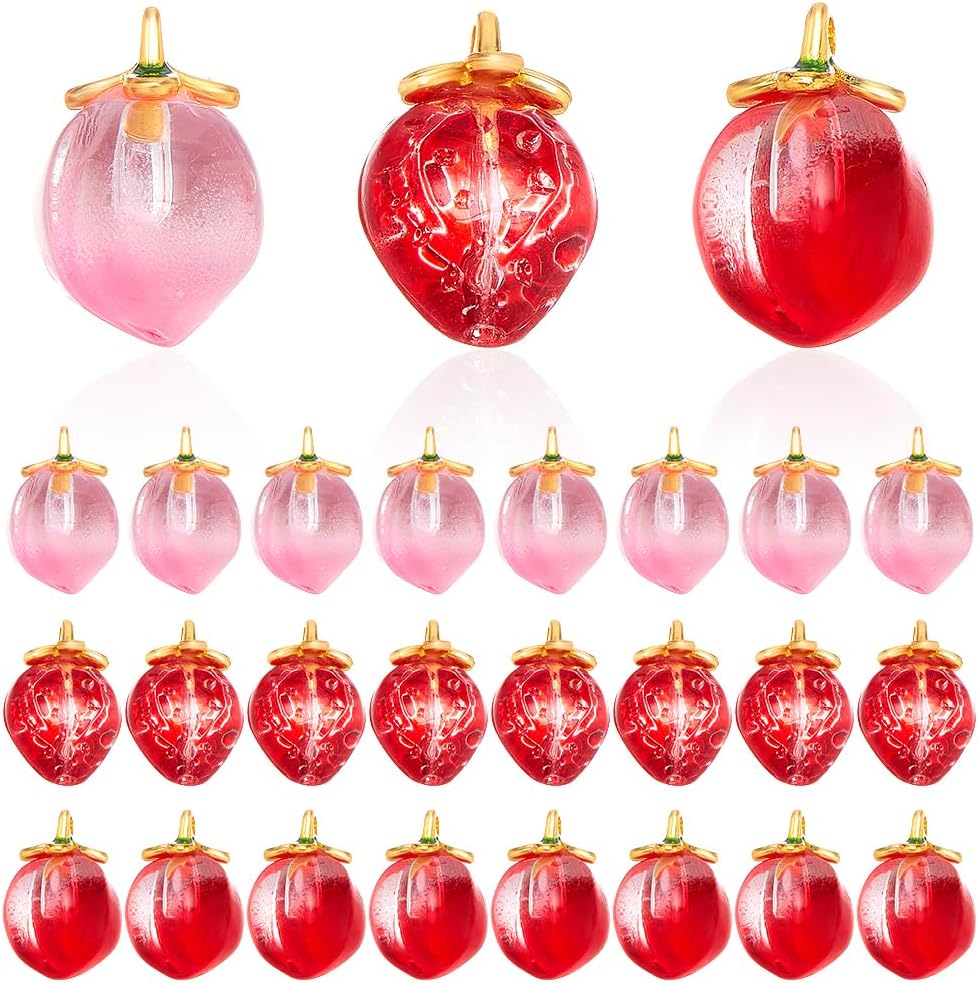 WADORN 30Pcs 3 Styles Lampwork Fruit Glass Pendants, Handmade 3D Peach Strawberry Charms Summer Fruit Glass Charms Imitation Fruits Dangle Charm for DIY Jewelry Making Necklaces Accessories - Image 2