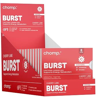 Chomp Gums BURST Chewing Gum, Sugar-Free with Vitamin B12 & C, Caffeine Free, Gluten-Free, Aspartame & Sucralose Free, Cherry Lime Flavor 12 Pack