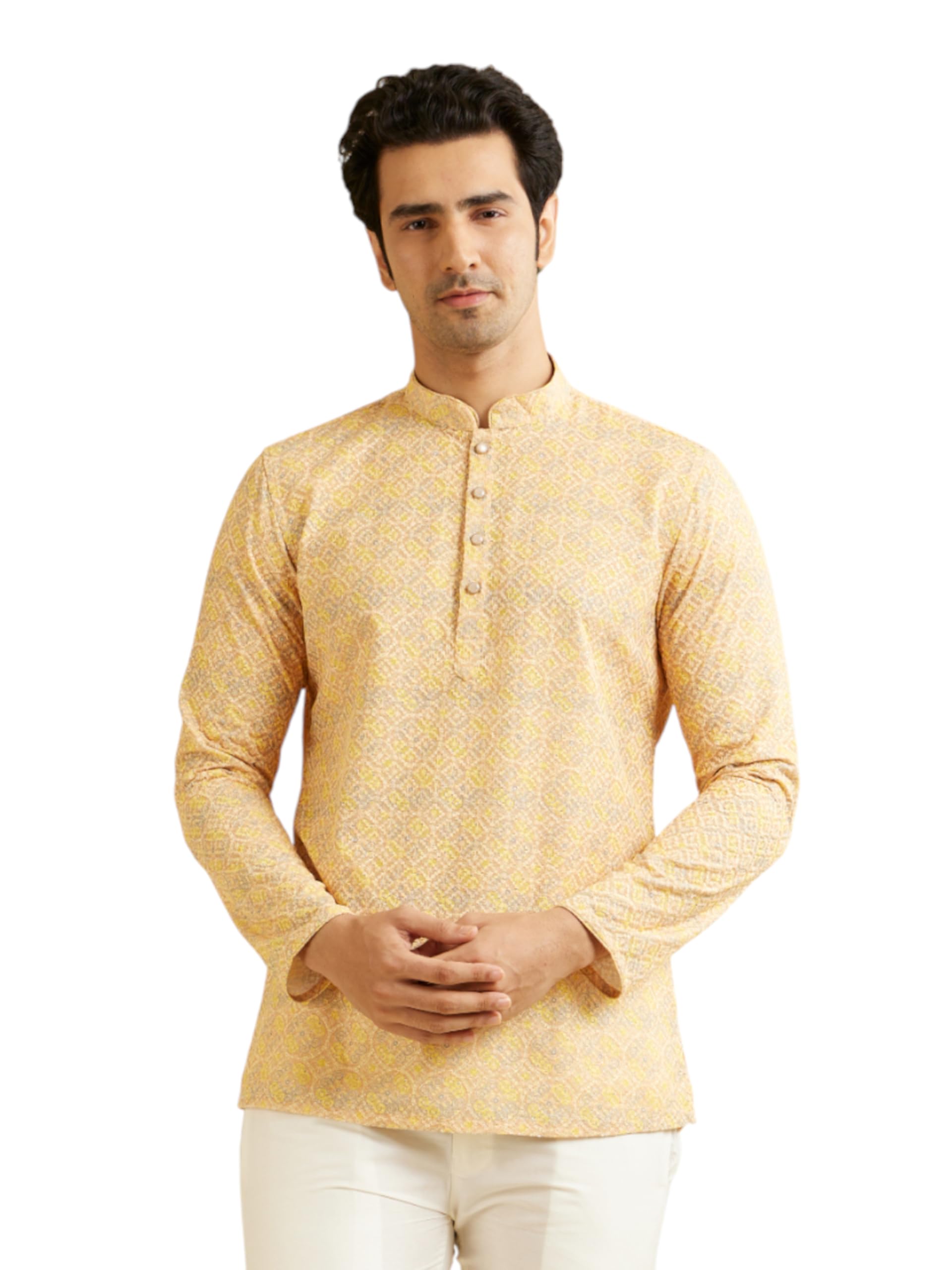 manyavar Men's Cotton Blend Chikankari Printed Short Kurta (1pc)-picture-25