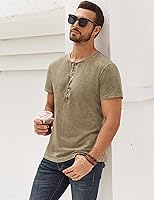 Vista 33 de Camisas Henley desgastadas para hombre, camisetas retro de manga corta, camisetas casuales con botones lavadas para hombre
