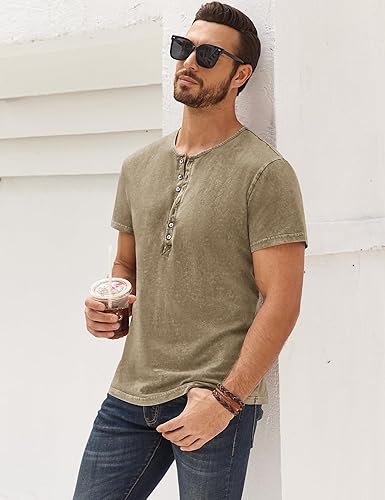 Miniatura 33 de Camisas Henley desgastadas para hombre, camisetas retro de manga corta, camisetas casuales con botones lavadas para hombre