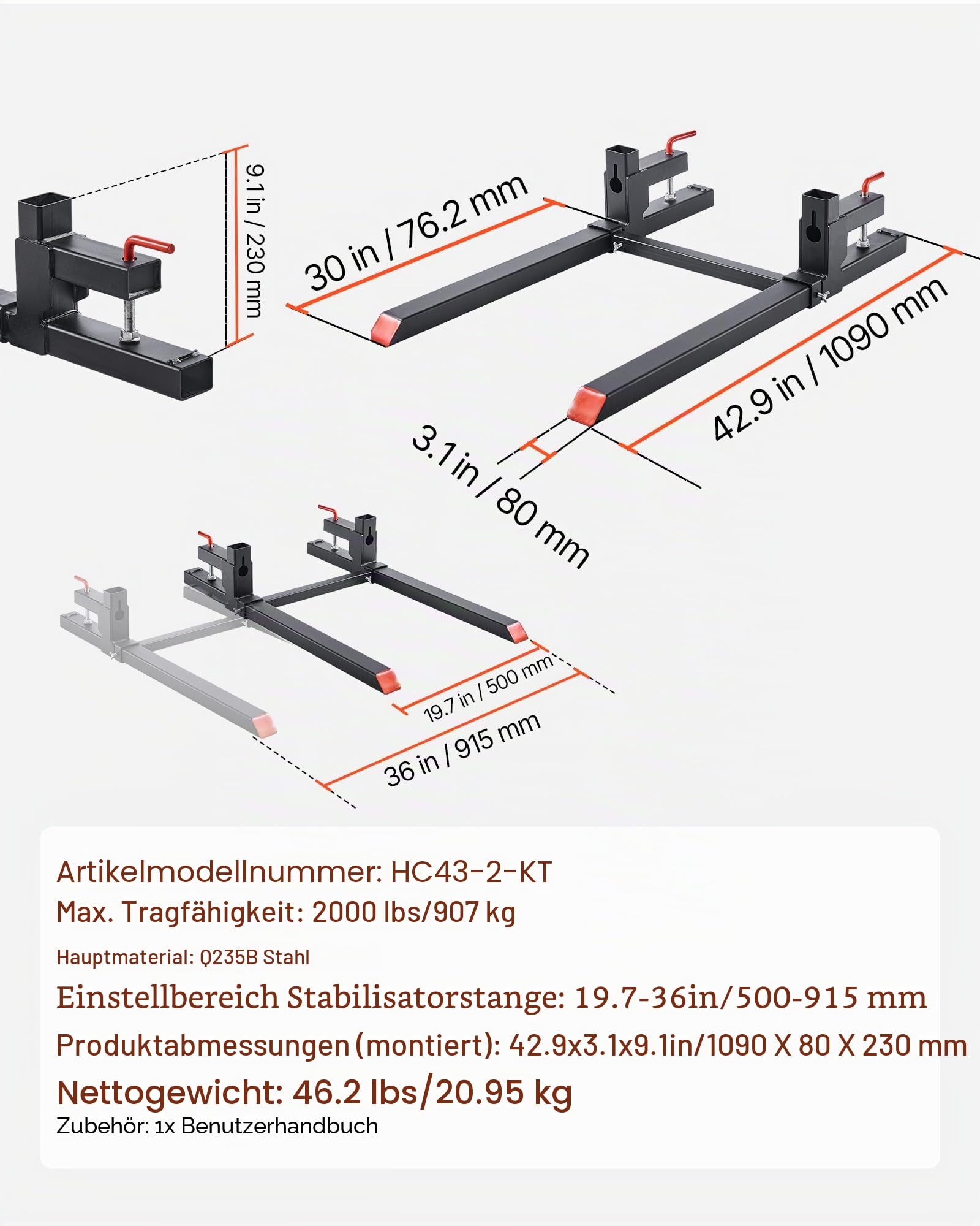 VEVOR Palettengabeln 907 kg, Gabelträger zum Anklemmen, 1090 mm Gesamtlänge, Gabelzinken mit verstellbarer Stabilisatorstange für Traktoranbaugeräte, Ladeschaufel und Kompaktlader, Schwarz