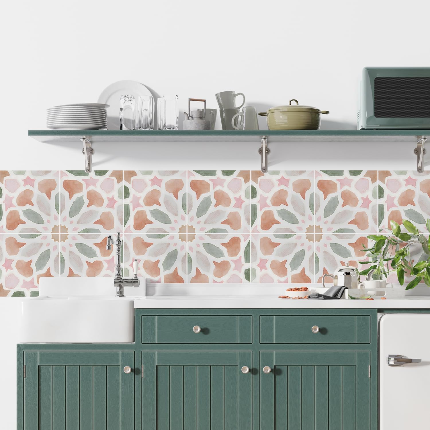 16 Pack,Self Adhesive Moroccan Tile Stickers Vinyl Wall Decals Green Peel and Stick Waterproof 5.9x5.9inch for Home Kitchen Living Room Bedroom Decor