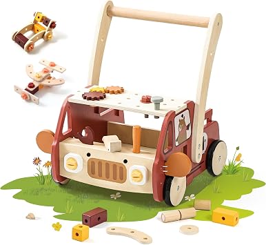 OESSUF 2-in-1 Wooden Baby Walker with 40 PCS Tool Toys Baby Push Walker for 6-12 Months, Activity Center for Toddlers Aged 1-3 Years, Montessori Toy for Boys and Girls Red