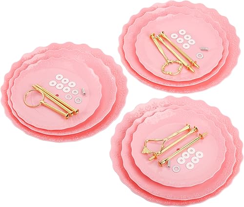 Miniatura 8 de Tosnail Paquete de 3 bandejas de plástico rosa para cupcakes de 3 niveles, soporte para postres con barra dorada de 3 estilos, bandejas de servir