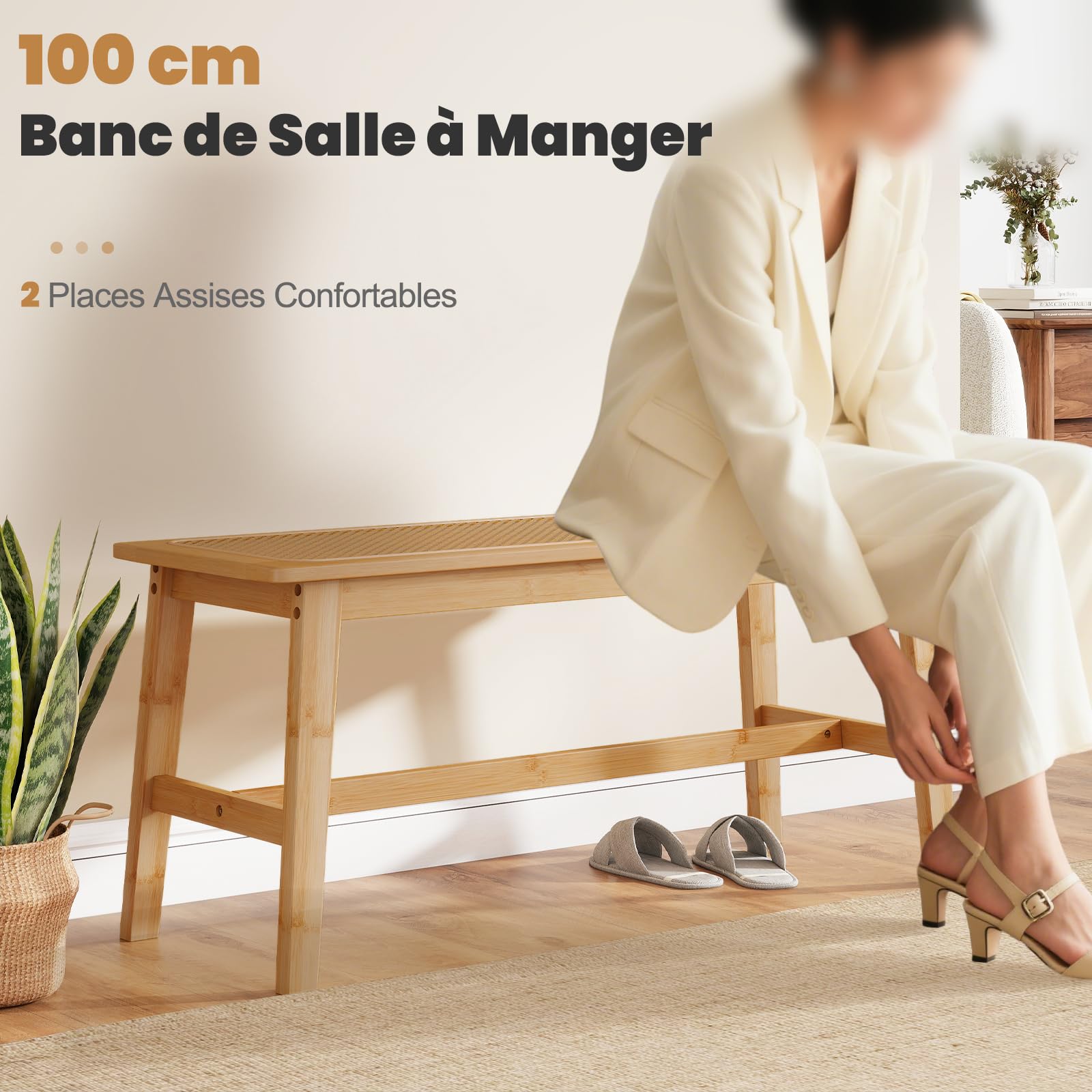 COSTWAY Banc de Salle à Manger en Bambou, Assise en Rotin PVC, Banquette pour 2 Personnes, Patins Antidérapants, Banc Interieur pour Cuisine Entrée Bout de Lit, Charge 300 kg, 100 x 35 x 45 cm