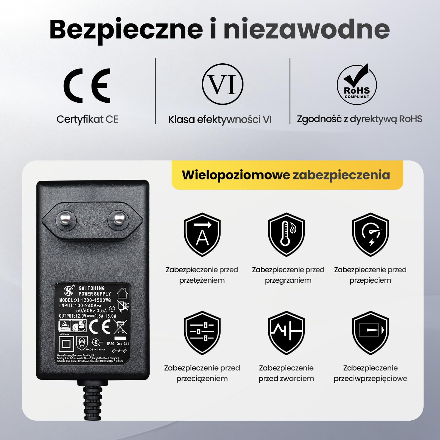 Zasilacz 12 V 1,5 A 18 W 1,8 m, adapter przełącznika AC DC (wejście 100-240 V, wyjście 12 V 1,5 A), gniazdo transformatora do montażu na ścianie DC 12 V 5,5 x 2,1 mm, znak CE