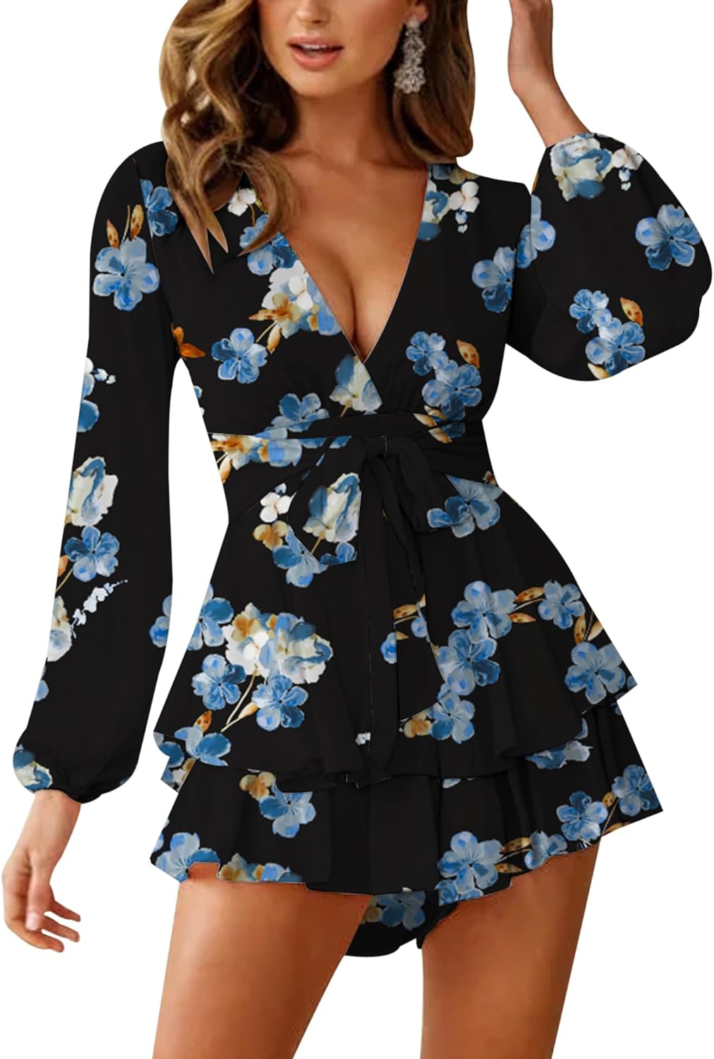 Relipop Womens Floral Print Romper V Neck Long Sleeve Double Layer Ruffle Hem Shorts Jumpsuit 2026 Beach Vacation Outfits - Image 4