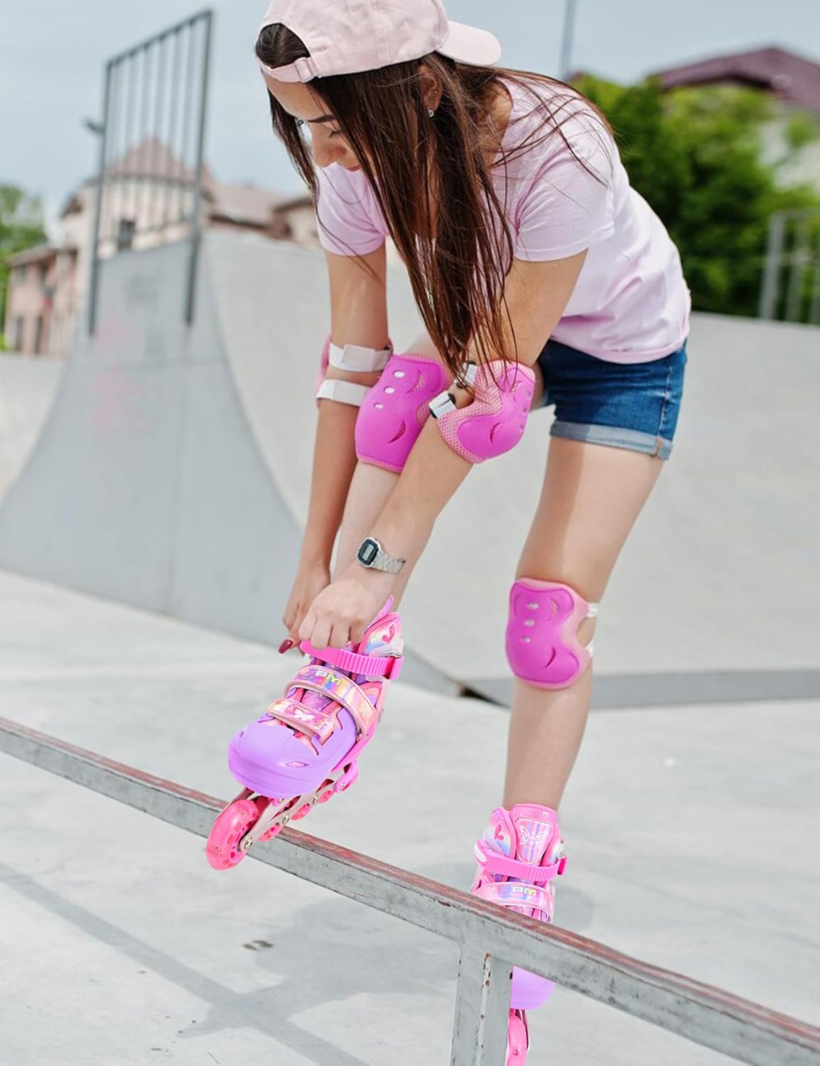 2PM SPORTS Pink M Inline Skates & Purple M Protective Gear Set