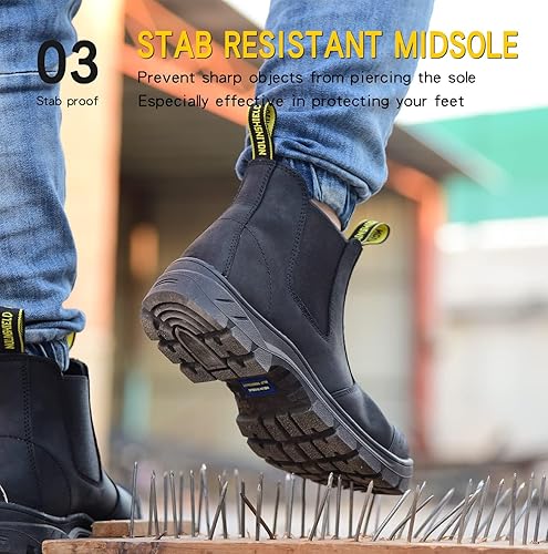 Miniatura 5 de NOLINSHIELD - Botas de trabajo con punta de acero para hombre, sin cordones, ligeras, repelentes al agua, capa superior de cuero, antideslizantes