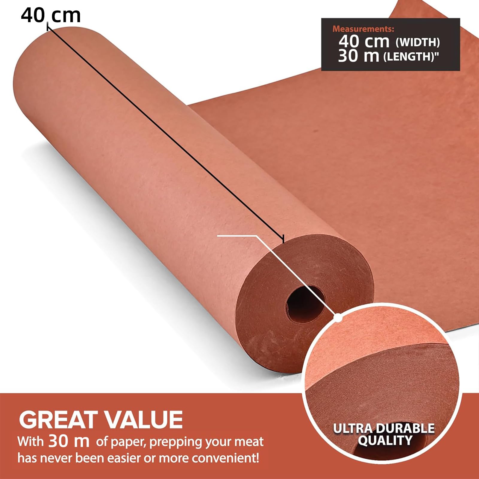 Rotolo di Carta da Macellaio, Butcher Paper, Non Patinata, Non Cerata, Carta da Griglia Kraft per Uso Alimentare per Grigliare, Carne Affumicata, Pesce, Verdure, Pane (Rosa) (40cm x 30m)