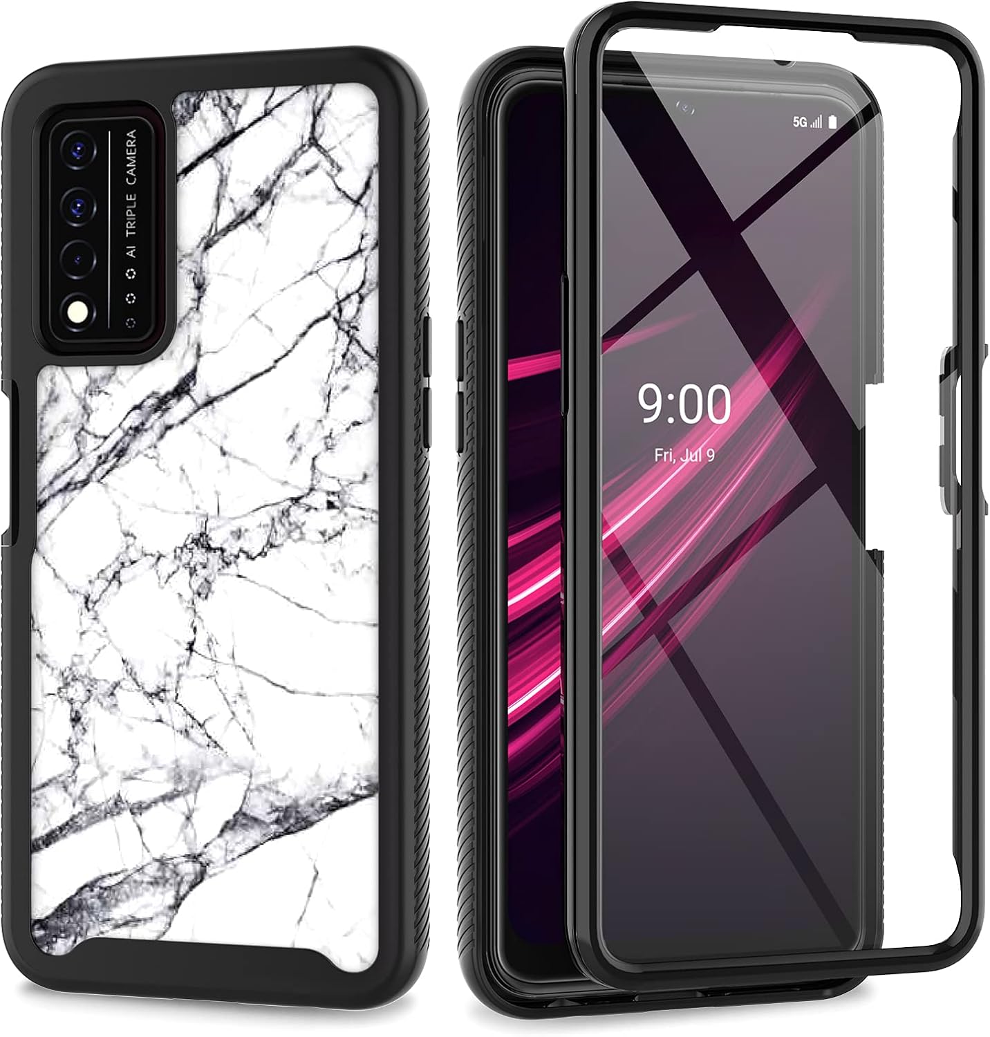 UNPEY for T-Mobile Revvl V Plus 5G Case with Built-in Screen Protector, Marble Design Full Body Protection Phone Case for T-Mobile Revvl V 5G [Hard PC Bumper + Soft TPU]-Marble Black