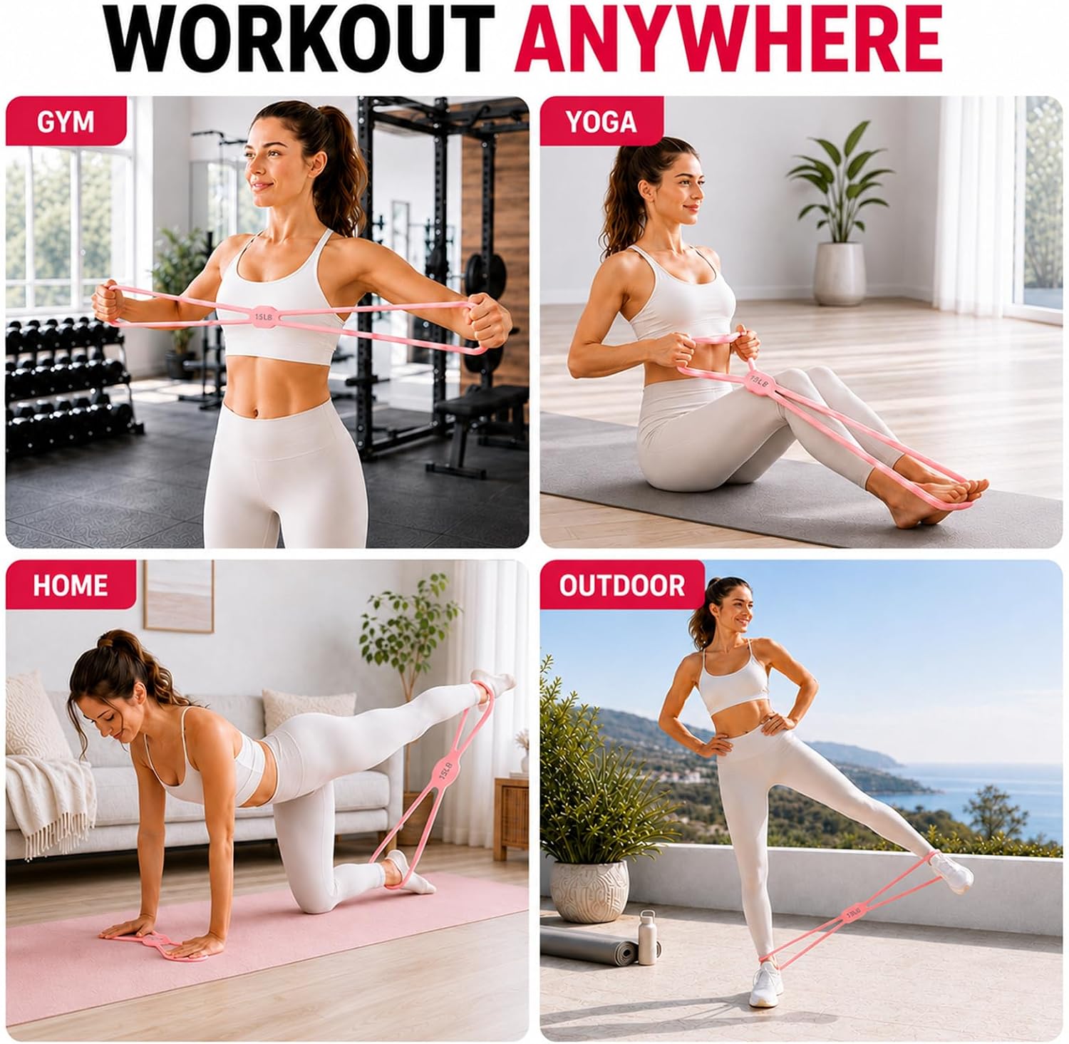 Silicone Figure 8 Resistance Bands for Women, 15 & 25 LB Set | Tone arms and back, open shoulders, and support posture training with two washable no-foam bands for Pilates and stretching.