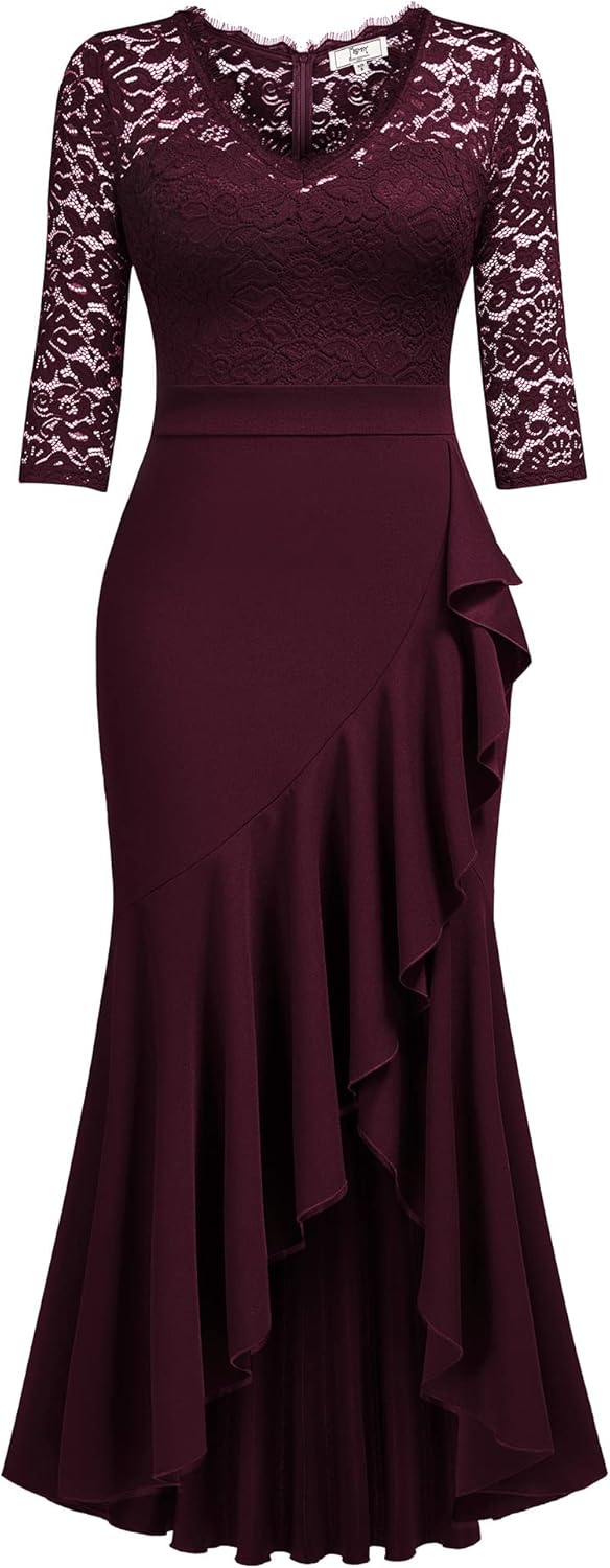 MISSMAY Women's Classy V-Neck Ruffle Split Formal Evening Prom Maxi Dress