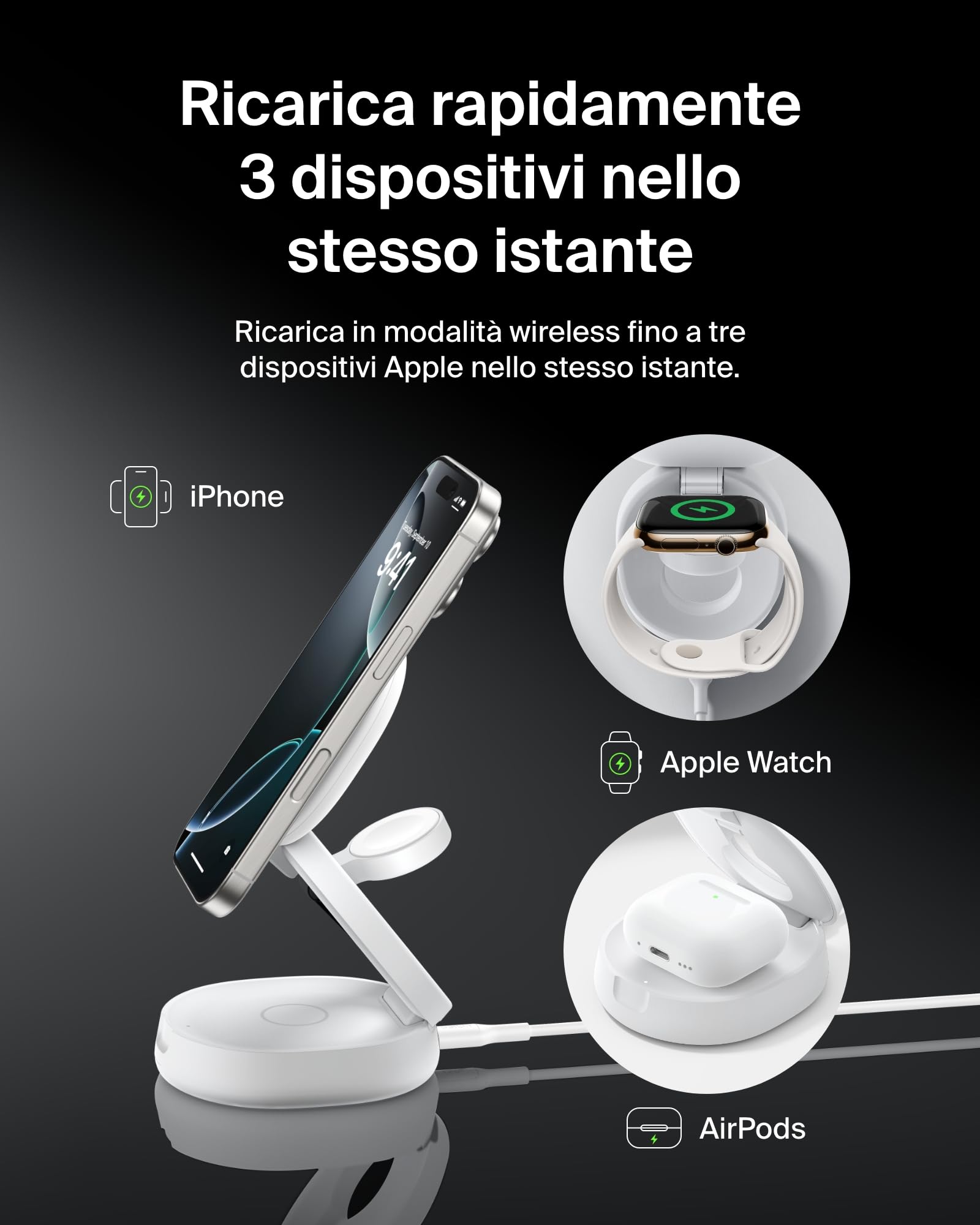 Belkin BoostCharge Caricatore Wireless Compatibile con MagSafe, Stazione di Ricarica wireless 3 in 1, Qi2 15 W per iPhone 17, Air, Apple Watch, AirPods, Pixelsnap, alimentatore da 36W - Bianco