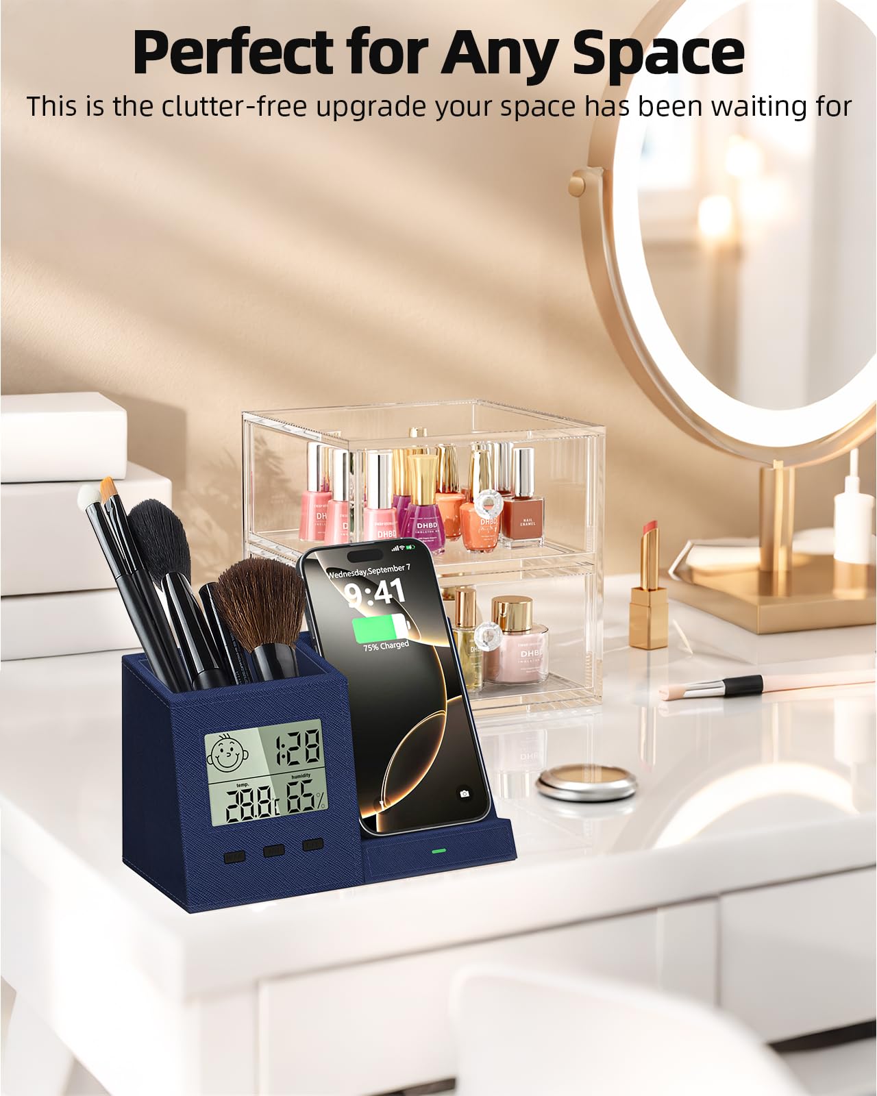 Organizer da scrivania con caricabatterie wireless, orologio digitale, termometro e igrometro, portapenne, multifunzione, accessori da scrivania per casa, ufficio, uomini, donne (batteria inclusa)