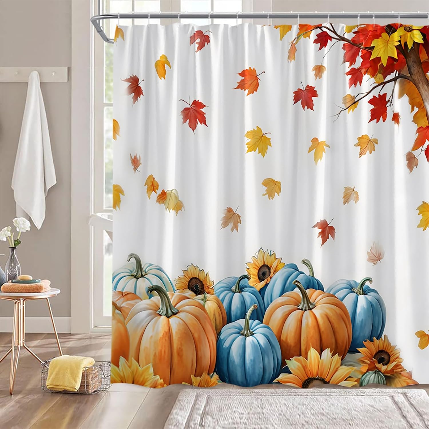 Fall Pumpkin Shower Curtain Watercolor Autumn Maple Leaves Pumpkin Sunflower Thansgiving Rustic Farmhouse Blue Orange 70" WX96 H Bathroom Decor Fabric Curtain with Hooks