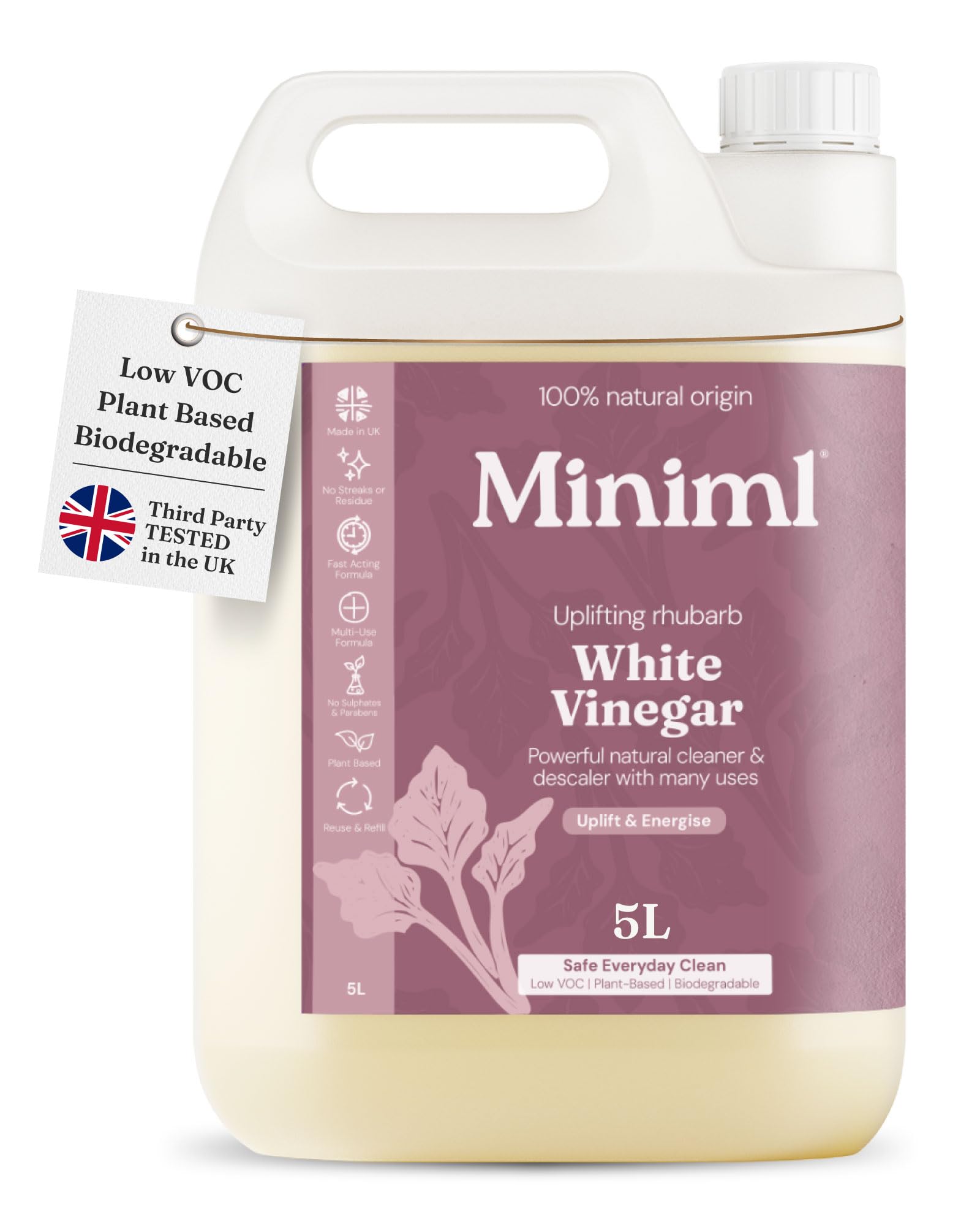 Miniml White Vinegar Cleaning Refill Wild Rhubarb Scented 5L - All Natural Multi-Surface and Multi-Purpose Cleaner, Limescale Remover, Laundry Softener and More - 100 percent Vegan and Cruelty Free