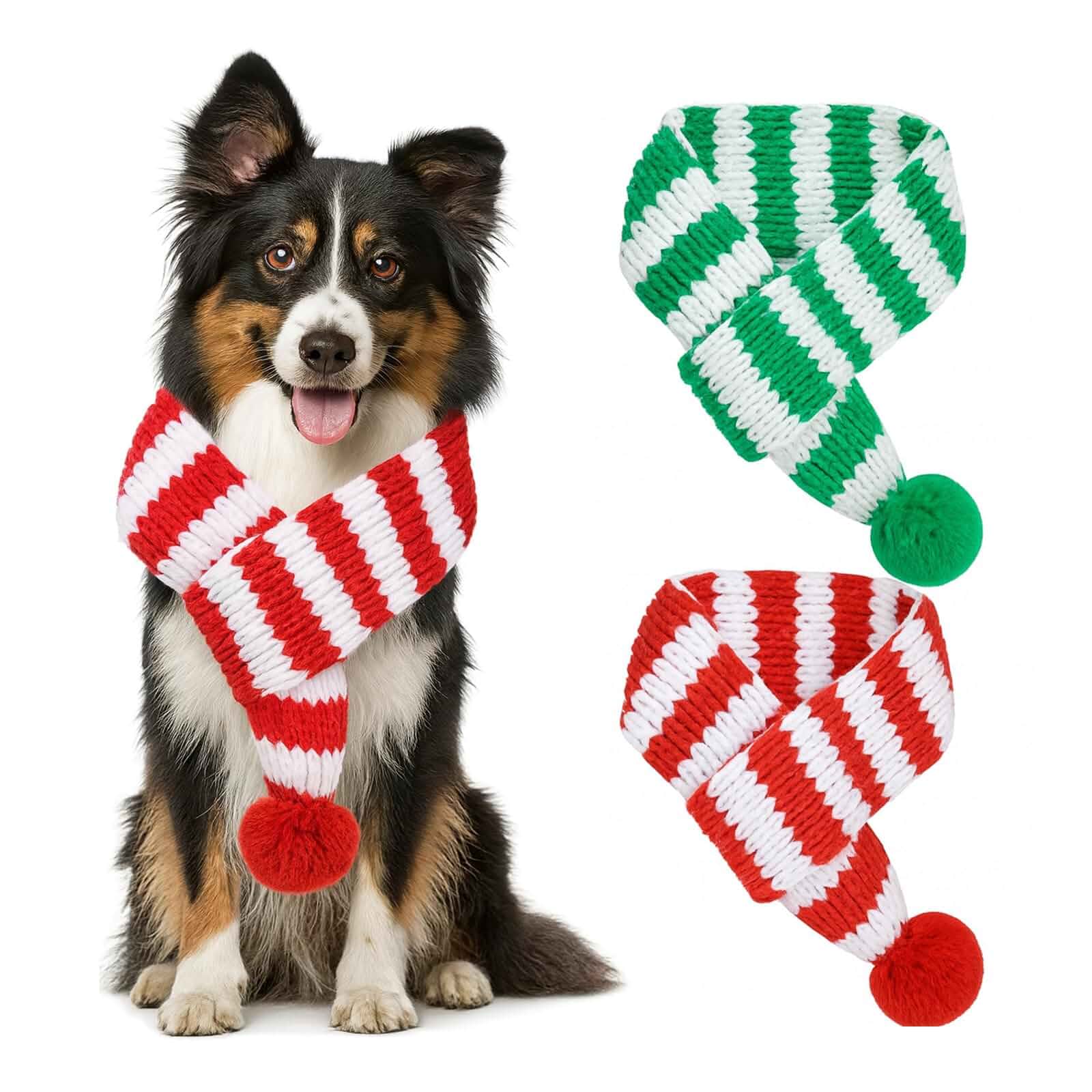 2 Pcs Dog Christmas Knit Scarf Set with Pom Pom, Red and Green Striped Winter Scarves for Small Medium Large Dogs and Cats, Holiday Pet Neck Accessories for Cold Weather and Xmas Party Dress Up Striped