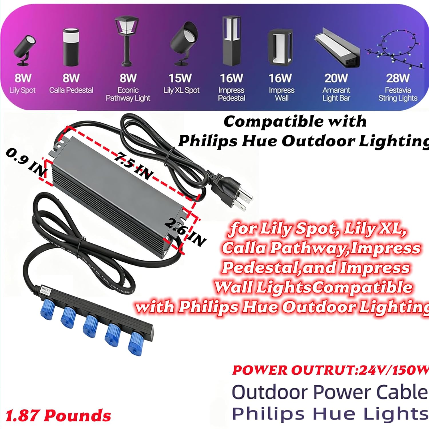 for Philips Hue Outdoor Lighting Weatherproof Power Supply -150W, 24V, 5 Connector Power Adapter for Lily Spot, Lily XL, Calla Pathway, Impress Pedestal, and Impress Wall Lights