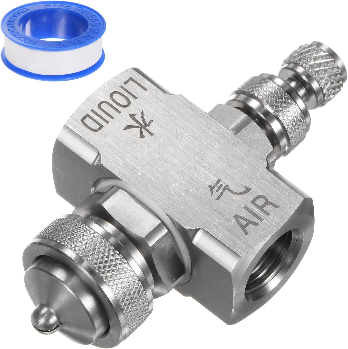 M METERXITY Air Atomizing Nozzle, 1/4BSPT Female Thread 130 Degree Stainless Steel Flat Fan Spray Tip Adjustable Flow Misting Nozzle W Sealing Tape for Cooling/Cleaning/Coating/Garden