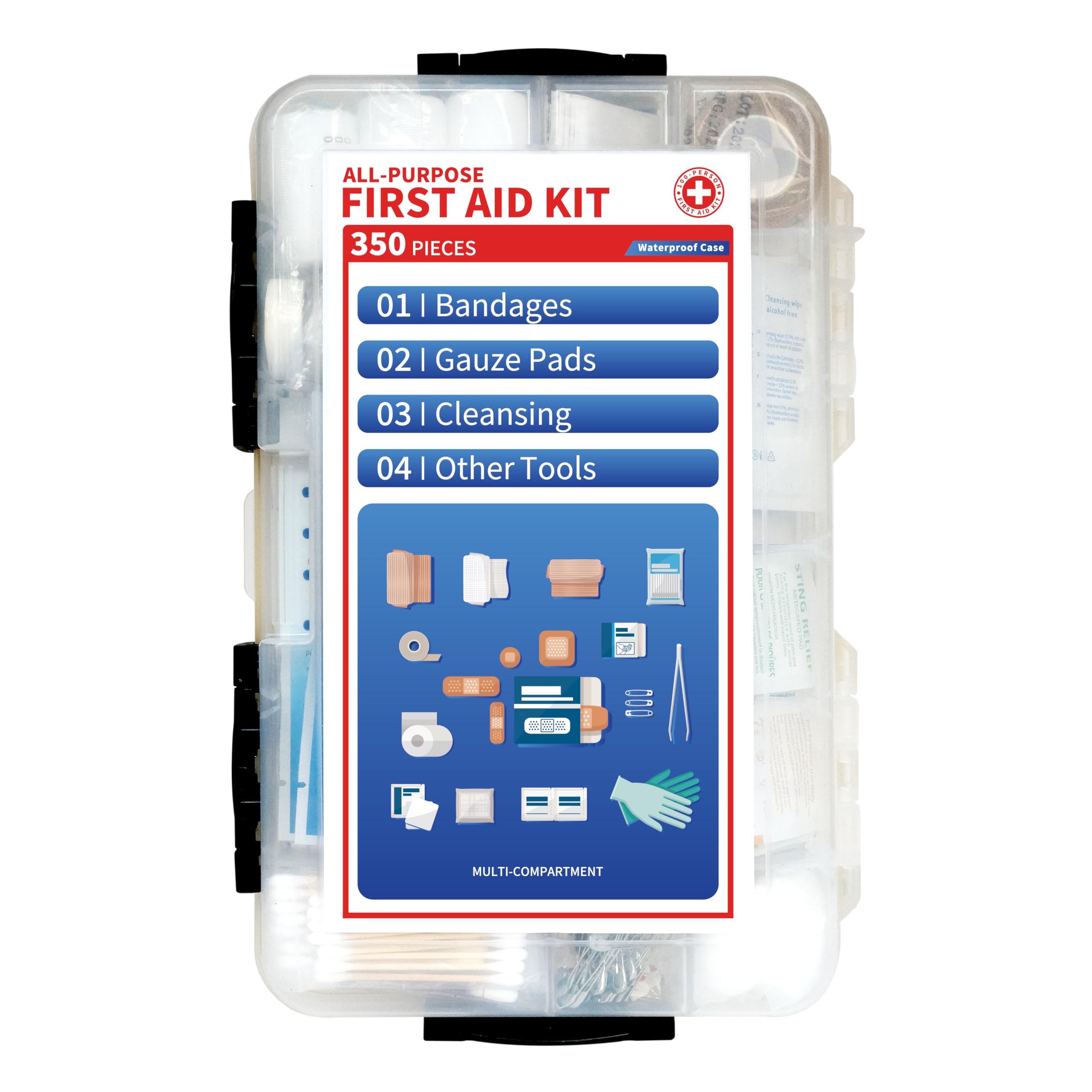 Prelady Kit de primeros auxilios de emergencia multiusos de 350 piezas para 100 personas, estuche de plástico impermeable, claramente organizado para una recuperación rápida, perfecto para el hogar