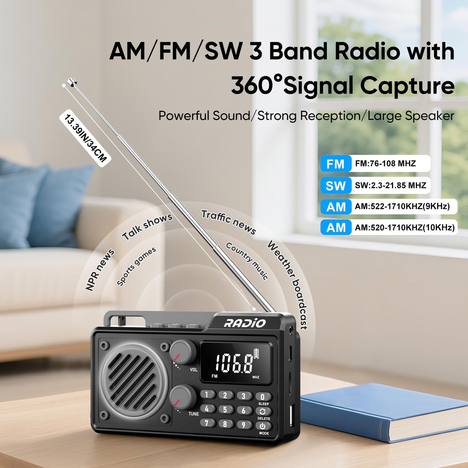 Radio Portátil Am/FM/SW con Bluetooth Pequeña Radio Recargable con Altavoz, Función Temporizadora y Puertos USB/TF/AUX para Cocina, Dormitorio y Exterior