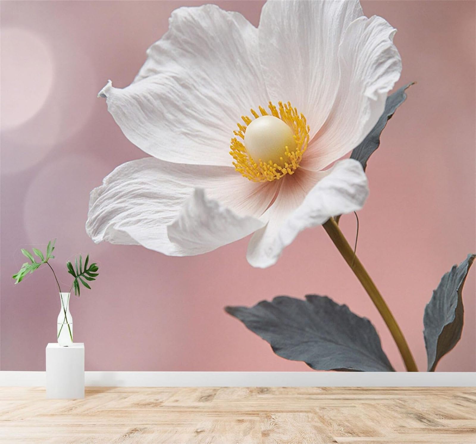 Tzxztt 250Cm×170Cm(B×H) White Flowers Yellow Centres Soft Pink Background Modern 3D Wallpaper Premium Textured Silk Neutral Tones Material Ideal For Living Room Bedroom-250Cm×170Cm