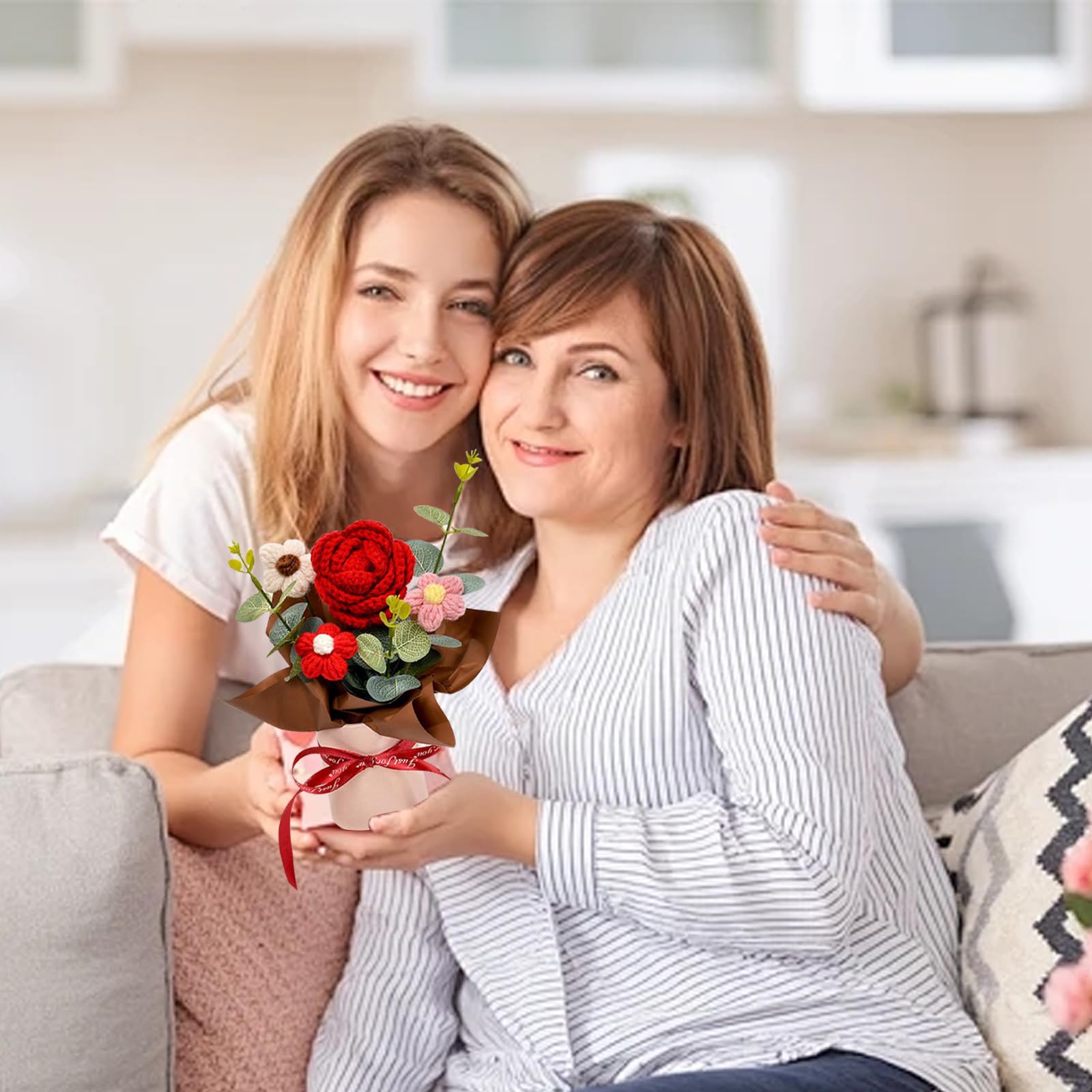 Rosas Rojas Ramo de Flores Ganchillo, Ramo de Flores de Punto Hecho a Mano, Flores Artificiales para cumpleaños, San Valentín, Regalos de Punto para Madre, Mujeres, Amigas