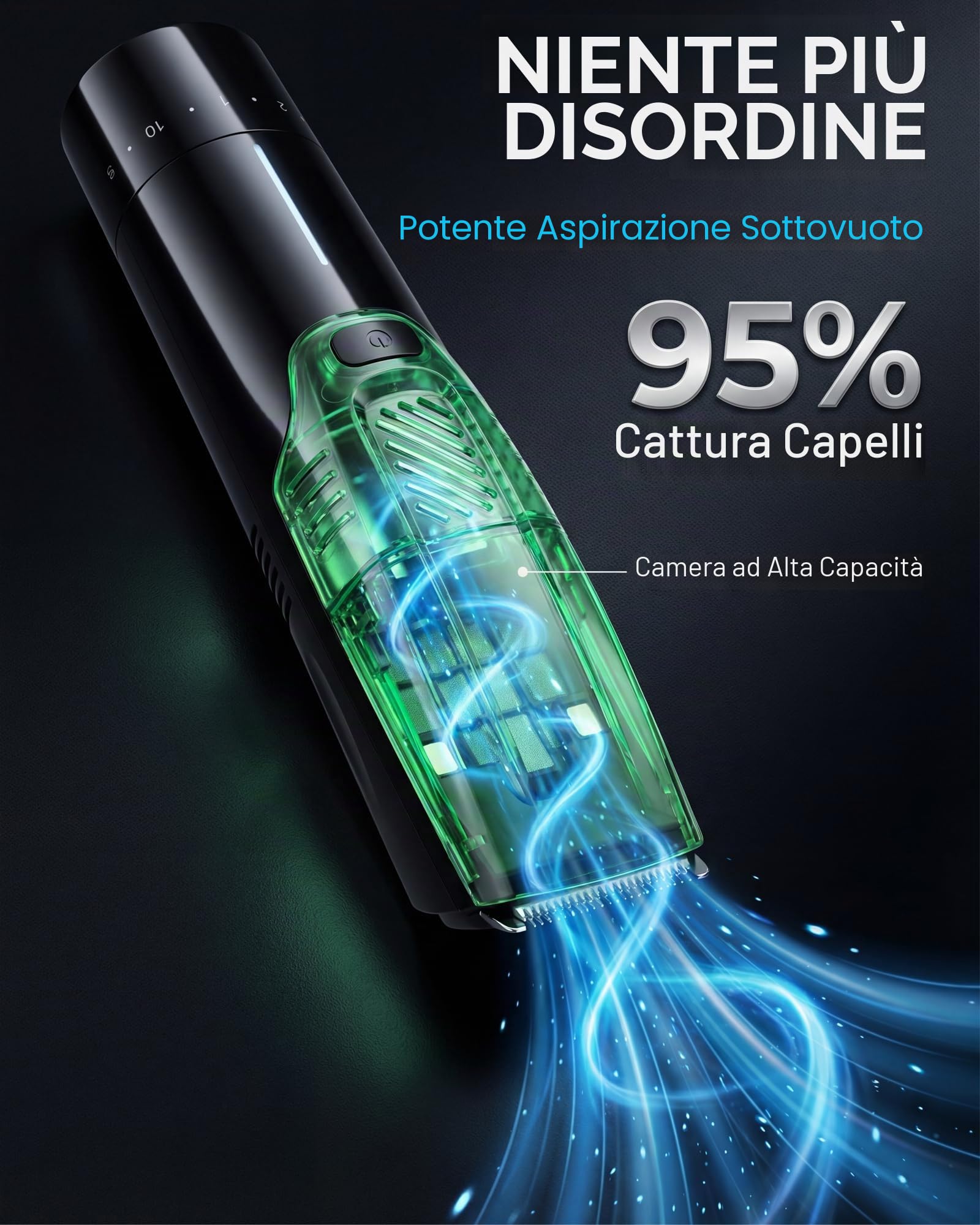 Regolabarba da uomo a vuoto – Aspirazione e potenza regolabili a 2 velocità, IPX6 impermeabile Wet/Dry Tagliacapelli senza fili. 40 impostazioni di lunghezza (0,5-20 mm), ricarica rapida USB-C