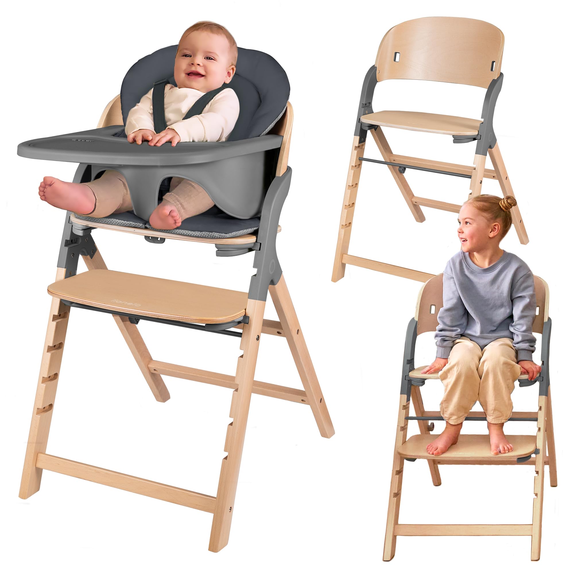 LIONELO Megan Seggiolone Pappa in Legno per Bambini da 6 Mesi e Adulti | Evolutivo fino a 110 kg, Poggiapiedi Regolabile, Cinture a 5 Punti, Cuscino per Seduta e Facile da Pulire