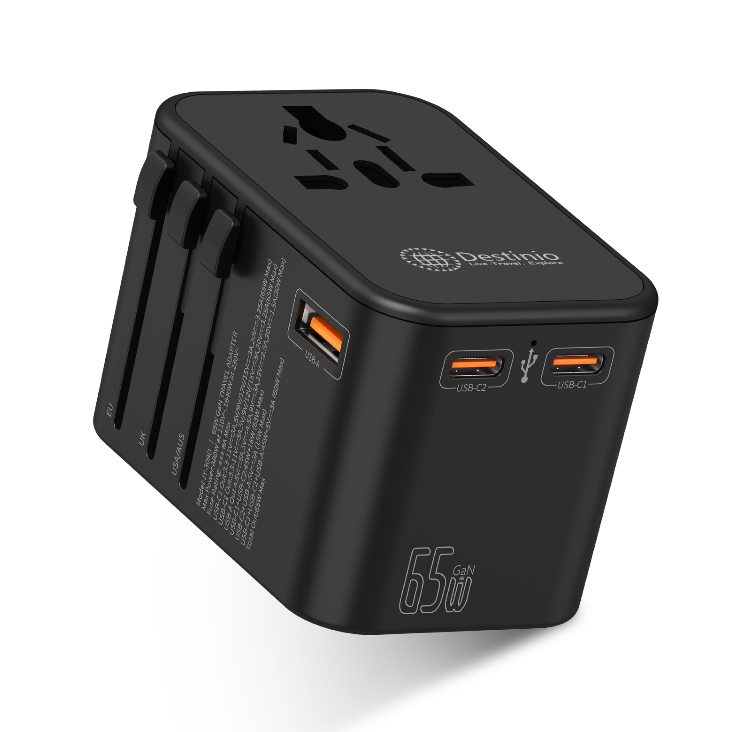 Destinio Universal Travel Adapter - Type C 65W GAN - 4 in 1 Fast Charging International Travel Adapter; 2 x Type C, 1 x USB; All in One Universal Adapter for US, UK, Europe, (Black, 1 Unit) (B0CQVS991V) Amazon Price History, Amazon Price Tracker