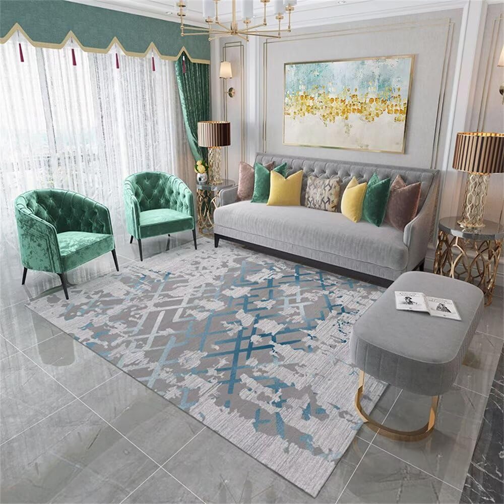Tapis salon bleu et gris pour un coin lecture chaleureux